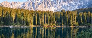 Preview wallpaper lake, mountain, trees, peaks, sky, reflection