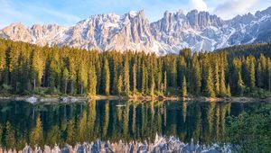 Preview wallpaper lake, mountain, trees, peaks, sky, reflection