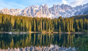 Preview wallpaper lake, mountain, trees, peaks, sky, reflection