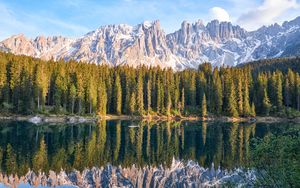 Preview wallpaper lake, mountain, trees, peaks, sky, reflection