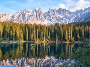 Preview wallpaper lake, mountain, trees, peaks, sky, reflection