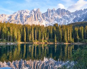 Preview wallpaper lake, mountain, trees, peaks, sky, reflection