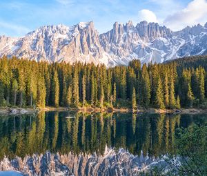 Preview wallpaper lake, mountain, trees, peaks, sky, reflection