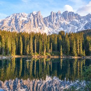 Preview wallpaper lake, mountain, trees, peaks, sky, reflection