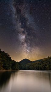 Preview wallpaper lake, mountain, trees, starry sky, milky way