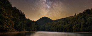 Preview wallpaper lake, mountain, trees, starry sky, milky way