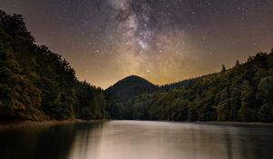 Preview wallpaper lake, mountain, trees, starry sky, milky way