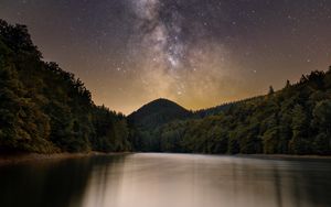 Preview wallpaper lake, mountain, trees, starry sky, milky way