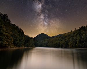 Preview wallpaper lake, mountain, trees, starry sky, milky way
