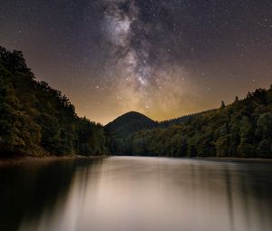 Preview wallpaper lake, mountain, trees, starry sky, milky way