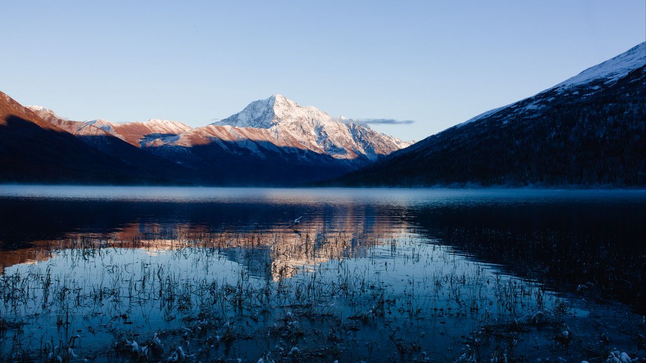 Wallpaper lake, mountain, water, grass, snow