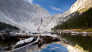 Preview wallpaper lake, mountain, water, logs, landscape