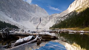 Preview wallpaper lake, mountain, water, logs, landscape