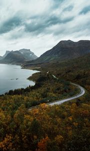 Preview wallpaper lake, mountains, aerial view, berg, norway