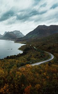 Preview wallpaper lake, mountains, aerial view, berg, norway