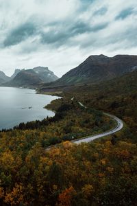 Preview wallpaper lake, mountains, aerial view, berg, norway