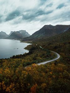 Preview wallpaper lake, mountains, aerial view, berg, norway