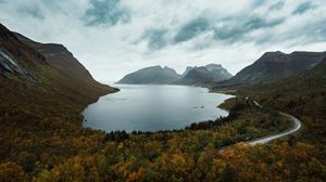 Preview wallpaper lake, mountains, aerial view, berg, norway