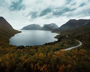 Preview wallpaper lake, mountains, aerial view, berg, norway