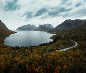 Preview wallpaper lake, mountains, aerial view, berg, norway