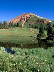 Preview wallpaper lake, mountains, alpes, greens, grass, colorado, trees