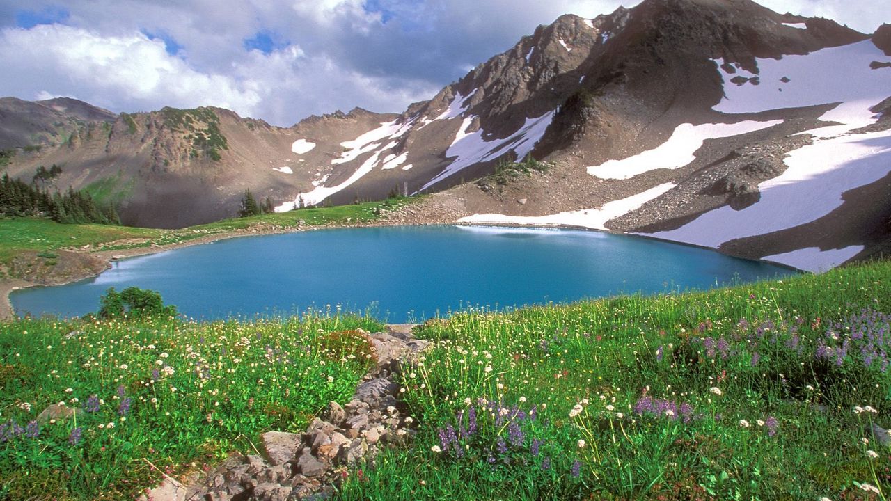 Wallpaper lake, mountains, alpes, greens, national park, blue water, stones