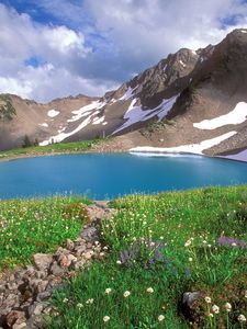 Preview wallpaper lake, mountains, alpes, greens, national park, blue water, stones