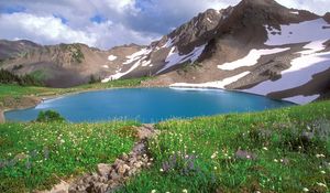 Preview wallpaper lake, mountains, alpes, greens, national park, blue water, stones