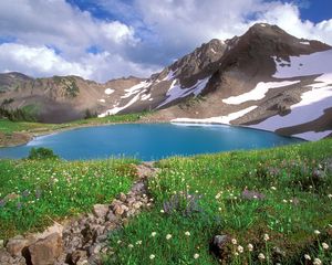 Preview wallpaper lake, mountains, alpes, greens, national park, blue water, stones