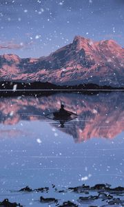 Preview wallpaper lake, mountains, boat, art, snow, twilight, reflection