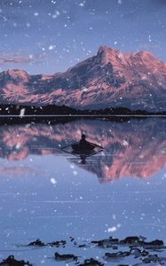 Preview wallpaper lake, mountains, boat, art, snow, twilight, reflection