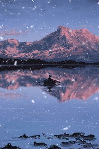 Preview wallpaper lake, mountains, boat, art, snow, twilight, reflection
