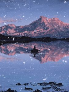 Preview wallpaper lake, mountains, boat, art, snow, twilight, reflection