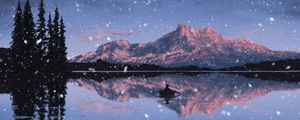 Preview wallpaper lake, mountains, boat, art, snow, twilight, reflection