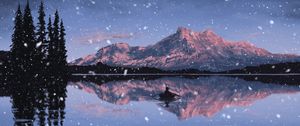 Preview wallpaper lake, mountains, boat, art, snow, twilight, reflection