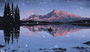 Preview wallpaper lake, mountains, boat, art, snow, twilight, reflection