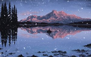 Preview wallpaper lake, mountains, boat, art, snow, twilight, reflection