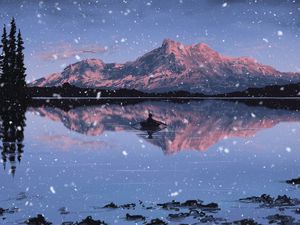 Preview wallpaper lake, mountains, boat, art, snow, twilight, reflection