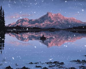 Preview wallpaper lake, mountains, boat, art, snow, twilight, reflection