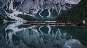 Preview wallpaper lake, mountains, boats, water, reflection