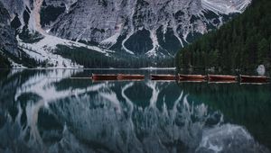 Preview wallpaper lake, mountains, boats, water, reflection