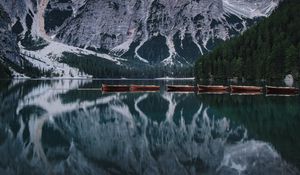 Preview wallpaper lake, mountains, boats, water, reflection