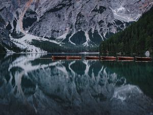 Preview wallpaper lake, mountains, boats, water, reflection