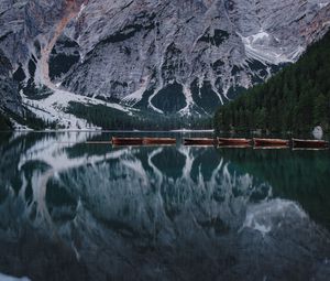 Preview wallpaper lake, mountains, boats, water, reflection