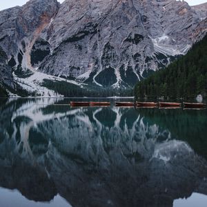 Preview wallpaper lake, mountains, boats, water, reflection