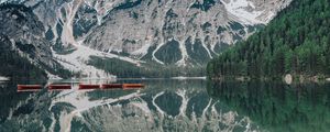 Preview wallpaper lake, mountains, boats, shore, water, reflection