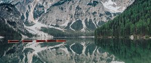 Preview wallpaper lake, mountains, boats, shore, water, reflection