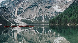 Preview wallpaper lake, mountains, boats, shore, water, reflection