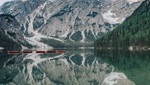 Preview wallpaper lake, mountains, boats, shore, water, reflection