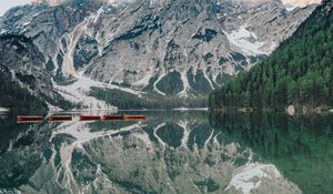 Preview wallpaper lake, mountains, boats, shore, water, reflection